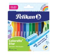 Pelikan Colorella Star Pack de 12 Rotuladores de Colores - Punta Fina - Tinta Lavable - Agarre Ergonomico - Colores vivos Surtidos