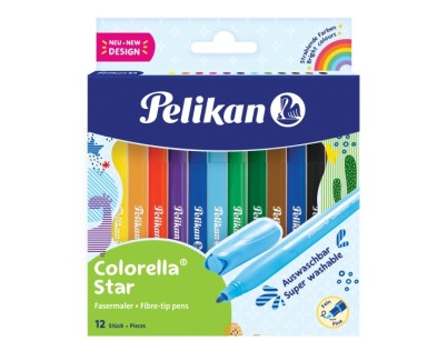 Pelikan Colorella Star Pack de 12 Rotuladores de Colores - Punta Fina - Tinta Lavable - Agarre Ergonomico - Colores vivos Surtidos