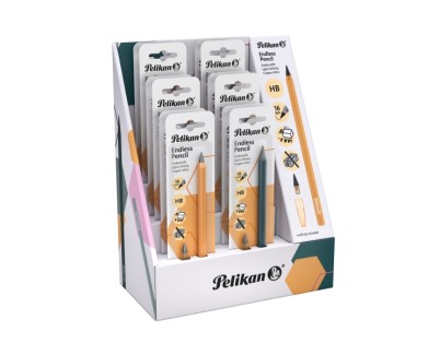 Pelikan Expositor con 12 Lapices Infinitos - Cuerpo de Aluminio - Permite Escribir hasta 16km sin Afilar - Capuchon a Juego - Borrable - Colores Surtidos