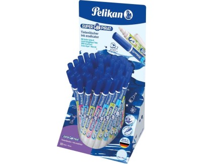 Pelikan Expositor de 50 Boligrafos Super Pirat 850 B - Borratinta de Pluma Estilografica y Roller - Punta Blanca y Reescribe - Punta M en Forma de Cincel - Color Azul