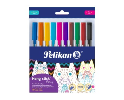 Pelikan Hang Stick Pack de 10 Boligrafos de Bola - Trazo de 0.7mm - Capuchon Antiasfixia - Cuerpo Triangular Ergonomico - Gancho - Tinta a Base de Aceite - Colores Surtidos