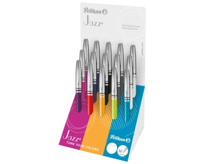 Pelikan Jazz Classic Expositor con 15 Boligrafos Retractiles - Trazo de 1mm - Mecanismo de Giro - Capuchon y Clip Cromados - Recambio 337M Negro - Colores Surtidos