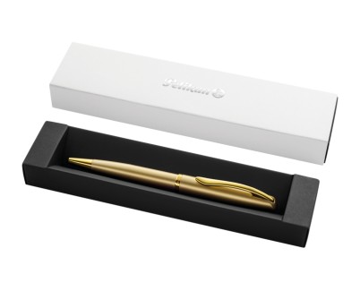 Pelikan Jazz Noble Boligrafo Retractil - Trazo de 1mm - Mecanismo de Giro - Recambio 337M Azul - Estuche de Regalo - Detalles Cromados - Color Oro