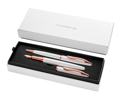 Pelikan Jazz Noble Set de Boligrafo y Estilografica - Cuerpo Satinado con Detalles Cromados - Incluye Estuche de Regalo - Color Perla