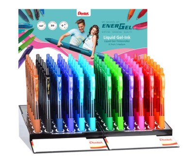 Pentel EnerGel X Expositor de 72 Boligrafos de Bola Retractiles Tinta Gel - Punta 0.7mm - Trazo 0.35mm - Recargable - Grip de Agarre - 50% de Materiales Reciclados - Colores Surtidos