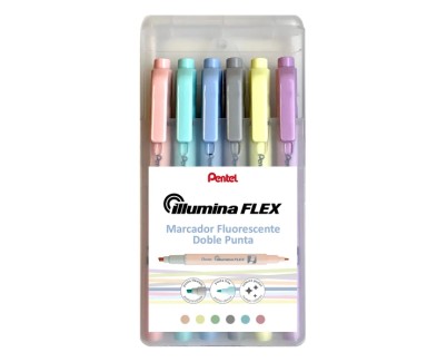 Pentel Illumina Flex Pack de 6 Marcadores Fluorescentes Doble Punta - Biselada Trazo entre 1.5 a 3.5mm - Conica Trazo 1mm - Colores  Amarillo, Gris, Melocoton, Violeta, Verde Turquesa y Azul