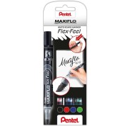 Pentel Maxiflo Flex-Feel Pack de 4 Rotuladores para Pizarra Blanca - Punta Flexible 4.6mm - Dosificacion de Tinta mediante Embolo - Colores Negro, Azul, Rojo y Verde