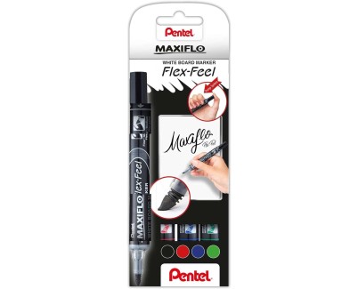 Pentel Maxiflo Flex-Feel Pack de 4 Rotuladores para Pizarra Blanca - Punta Flexible 4.6mm - Dosificacion de Tinta mediante Embolo - Colores Negro, Azul, Rojo y Verde