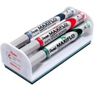 Pentel Maxiflo Pack de 4 Rotuladores para Pizarra Blanca + Borrador Magnetico - Punta de Bala - Ancho de Linea 2mm - Regulacion del Flujo de Tinta - Colores Negro, Azul, Rojo y Verde