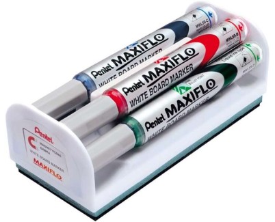 Pentel Maxiflo Pack de 4 Rotuladores para Pizarra Blanca + Borrador Magnetico - Punta de Bala - Ancho de Linea 2mm - Regulacion del Flujo de Tinta - Colores Negro, Azul, Rojo y Verde