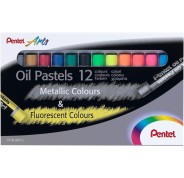 Pentel Oil Pastels Pack de 12 Pasteles Oleo - 6 Metalicos y 6 Fluorescentes - Blandos, Cremosos y de Secado Lento - Colores Metalicos y Fluorescentes Surtidos