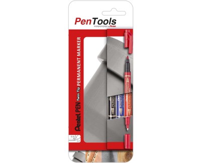 Pentel PenTools Pack de 3 Rotuladores Permanentes Industriales Pentel Pen Twin Tip - Doble Punta - Extrafina 0,6mm y Fina 3.5mm - Resistente a Agua y Luz - Colores Negro, Azul, y Rojo