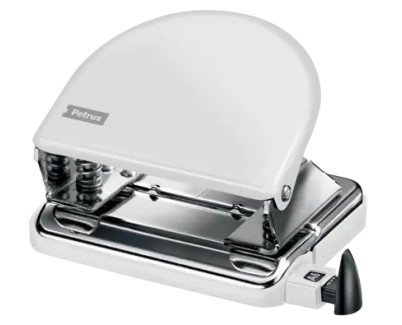 Petrus 52 WOW Taladro Perforador Clasico Metalico - Hasta 20 Hojas - Marcas de Formato - Facil Vaciado - Punzones 5.5mm - Color Blanco Metalizado