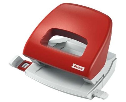 Petrus 80 Taladro Perforador Pequeño - Hasta 16 Hojas - Marcas de Formato - Facil Vaciado - Punzones 5.5mm - Color Rojo