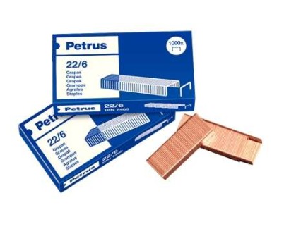 Petrus Grapas 22/6 Cobreadas - Hasta 30 Hojas - Caja de 1000 Grapas - Patilla de 6mm