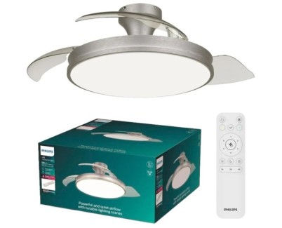 Philips Atlas DC Fan Ceiling Ventilador de Techo con Luz LED Hasta 6500K - Aspas Retractiles - 35W Ventilador + 28W Luz - Mando a Distancia - Color Niquel