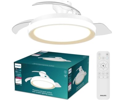 Philips Bliss DC Fan Ceiling Ventilador de Techo con Luz LED Hasta 6500K - Aspas Retractiles - 35W Ventilador + 28W Luz - Mando a Distancia - Color Blanco/Dorado