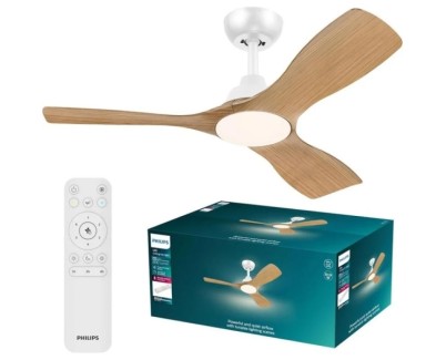 Philips Olas Fan Ceiling Ventilador de Techo con Luz LED Hasta 6500K - Aspas Fijas - 30W Ventilador + 24W Luz - Mando a Distancia - Color Blanco/Madera