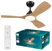 Philips Olas Fan Ceiling Ventilador de Techo con Luz LED Hasta 6500K - Aspas Fijas - 30W Ventilador + 24W Luz - Mando a Distancia - Color Negro/Madera