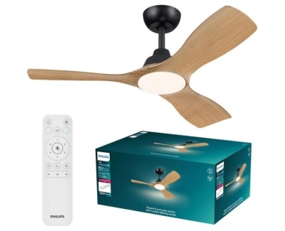 Philips Olas Fan Ceiling Ventilador de Techo con Luz LED Hasta 6500K - Aspas Fijas - 30W Ventilador + 24W Luz - Mando a Distancia - Color Negro/Madera