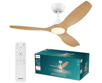 Philips Olas Fan Ceiling Ventilador de Techo con Luz LED Hasta 6500K - Aspas Fijas - 35W Ventilador + 24W Luz - Mando a Distancia - Color Blanco/Madera