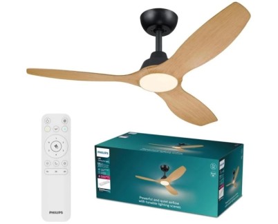Philips Olas Fan Ceiling Ventilador de Techo con Luz LED Hasta 6500K - Aspas Fijas - 35W Ventilador + 24W Luz - Mando a Distancia - Color Negro/Madera