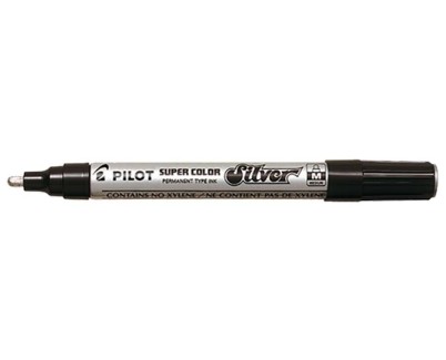Pilot Super Color Rotulador Permanente Medio - Punta de 4,5mm de Poliacetal - Tinta muy Densa y Opaca - Cuerpo Metalico - Color Plata