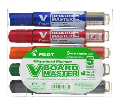 Pilot V-Board Master Begreen Pack de 5 Rotuladores para Pizarra Blanca - Punta Redonda 6mm - Trazo 2.3mm - 91% Plastico Reciclado - Recargable - Colores Surtidos