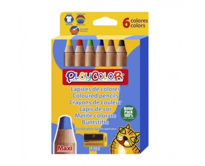 PlayColor Maxi Pack de 6 Lapices de Colores de Punta Gruesa + Sacapuntas - Trazo Extrasuave - Apto para Papel, Carton, Vidrio etc... - Colores Surtidos