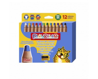 PlayColor Pack de 12 Lapices de Colores de Punta Gruesa + Sacapuntas - Trazo Extrasuave - Apto para Papel, Carton, Vidrio etc... - Colores Surtidos