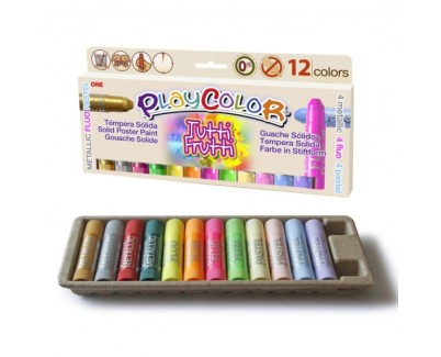 PlayColor Tuttifrutti Pack de 12 Temperas Solidas - No Arrugan el Papel - No Necesitan Barniz - Colores Metallic, Fluo y Pastel Surtidos
