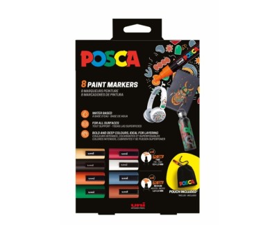 Posca Edicion Limitada Pack de 4 Marcadores de Pintura PC5M + 4 Marcadores de Pintura PC3M + Regalo Bolsa de Tela - Punta Redondeada - Tinta Base al Agua - Colores Surtidos