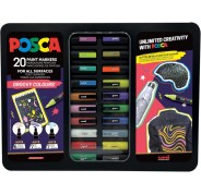 Posca Groovy Colours Maleta Metalica con 20 Marcadores de Pintura - Surtido en Color y Trazo - Punta de Poliester - Tinta Pigmentada Base Agua - Resistente a la Luz - Colores Surtidos