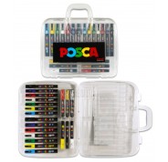 Posca Maleta de Plastico con 20 Marcadores de Pintura - Punta de Poliester - Tinta Pigmentada Base Agua - No Permanente - Resistente a la Luz - Colores y Grosores Surtidos