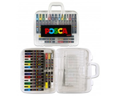 Posca Maleta de Plastico con 20 Marcadores de Pintura - Punta de Poliester - Tinta Pigmentada Base Agua - No Permanente - Resistente a la Luz - Colores y Grosores Surtidos