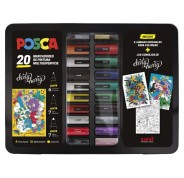 Posca Maleta Metalica con 20 Marcadores de Pintura - Surtido en Color y Trazo - Punta de Poliester - Tinta Pigmentada Base Agua - Resistente a la Luz - Incluye Laminas y Consejos de Dirty Harry - Colores Surtidos