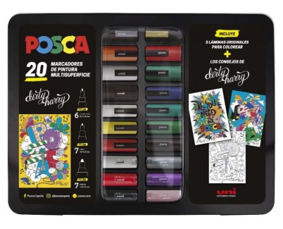 Posca Maleta Metalica con 20 Marcadores de Pintura - Surtido en Color y Trazo - Punta de Poliester - Tinta Pigmentada Base Agua - Resistente a la Luz - Incluye Laminas y Consejos de Dirty Harry - Colores Surtidos
