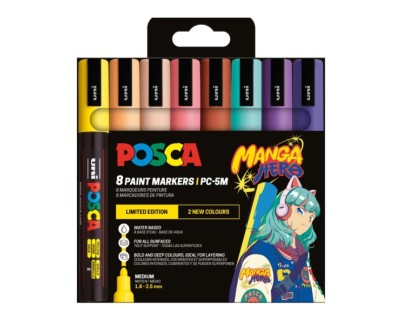Posca Manga Hero Edicion Limitada PC-5M Pack con 8 Marcadores de Pintura - Punta de Bala 1.8-2.5mm - Tinta Base al Agua - Resistente a la Luz - No Permanente - Colores Pastel Surtidos