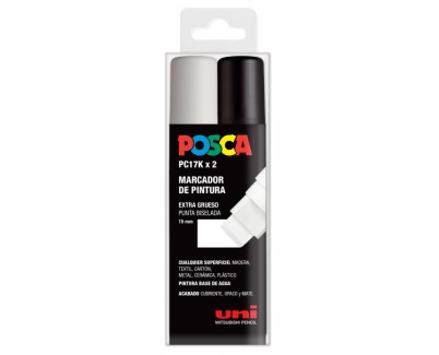 Posca PC-17K Estuche de 2 Marcadores de Pintura - Punta Biselada de Poliester 15mm - Ancho de Trazo Muy Grueso - Tinta Base al Agua - Resistente a la Luz - No Permanente - Color Surtido