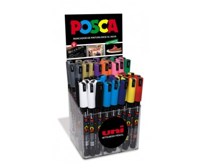 Posca PC-1MR Expositor de 48 Marcadores de Pintura - Punta Roller de Fibra 0.7mm - Tinta Pigmentada Base al Agua - Resistente a la Luz - Colores Surtidos