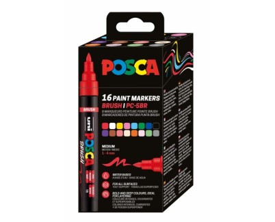 Posca PC-5BR Caja con 16 Marcadores de Pintura - Punta Brush 1-4mm - Tinta Base al Agua - Resistente a la Luz - No Permanente - Colores Surtidos