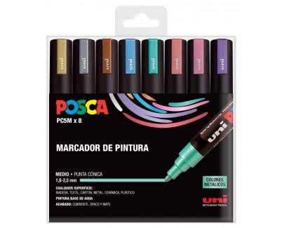 Posca PC-5M/8C Estuche de 8 Marcadores de Pintura - Punta de Bala 1.8-2.5mm - Tinta Base al Agua - Resistente a la Luz - No Permanente - Color Surtido