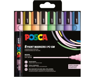 Posca PC-5M/8C Estuche de 8 Marcadores de Pintura - Punta de Bala 1.8-2.5mm - Tinta Base al Agua - Resistente a la Luz - No Permanente - Colores Pastel Surtidos