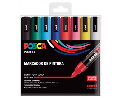 Posca PC-5M/8C Estuche de 8 Marcadores de Pintura - Punta de Poliester 1.8-2.5mm - Tinta Base al Agua - Resistente a la Luz - No Permanente - Color Surtido