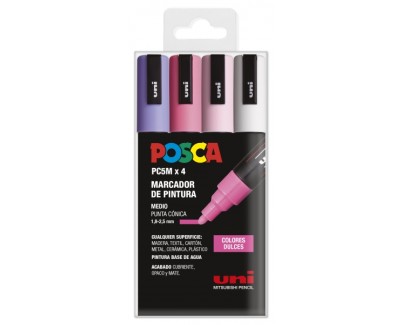 Posca PC-5M Estuche de 4 Marcadores de Pintura - Punta de Bala 1.8-2.5mm - Tinta Base al Agua - Resistente a la Luz - Color Surtido
