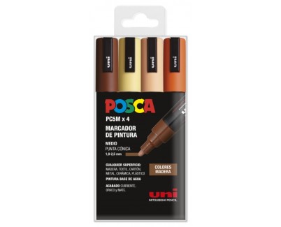 Posca PC-5M Estuche de 4 Marcadores de Pintura - Punta de Bala 1.8-2.5mm - Tinta Base al Agua - Resistente a la Luz - No Permanente - Colores Madera Surtido