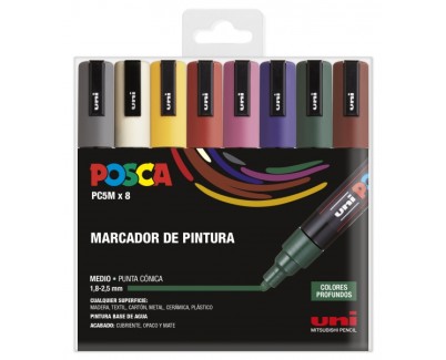 Posca PC-5M Estuche de 8 Marcadores de Pintura - Punta de Bala 1.8-2.5mm - Tinta Base al Agua - Resistente a la Luz - No Permanente - Color Surtido