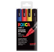 Posca PC-5M Pack de 4 Marcadores de Pintura - Punta de Bala 1.8-2.5mm - Tinta Base al Agua - No Permanente - Resistente a la Luz - Colores Azul, Rojo, Amarillo y Negro