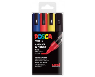 Posca PC-5M Pack de 4 Marcadores de Pintura - Punta de Bala 1.8-2.5mm - Tinta Base al Agua - No Permanente - Resistente a la Luz - Colores Azul, Rojo, Amarillo y Negro