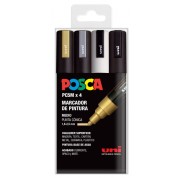 Posca PC-5M Pack de 4 Marcadores de Pintura - Punta de Bala 1.8-2.5mm - Tinta Base al Agua - No Permanente - Resistente a la Luz - Colores Oro, Plata, Blanco y Negro